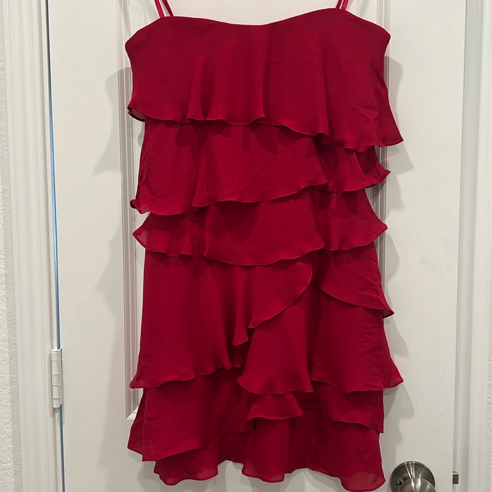 Brand: BCBG- Red Cocktail Strapless, Ruffle Dress